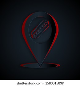 Paper cut Map pointer with fast food hotdog icon isolated on black background. Sausage icon. Paper art style. Vector Illustration