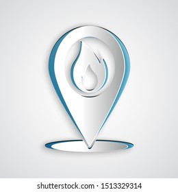 Paper cut Map pointer with fire flame icon isolated on grey background. Fire nearby. Paper art style. Vector Illustration
