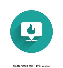 Paper cut Map pointer with fire flame icon isolated on blue background. Fire nearby. Paper art style. Vector