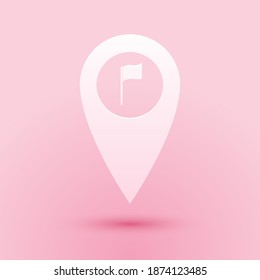 Paper cut Map pointer with golf flag icon isolated on pink background. Location marker symbol. Paper art style. Vector.