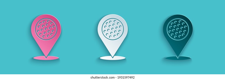 Paper cut Map pointer with golf sport club icon isolated on blue background. Paper art style. Vector