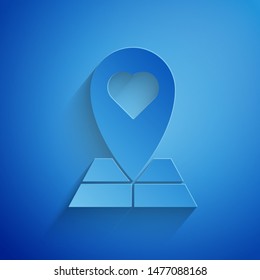 Paper cut Map pointer with heart icon isolated on blue background. Valentines day. Love location. Romantic map pin. Paper art style. Vector Illustration