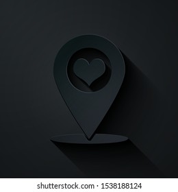 Paper cut Map pointer with heart icon isolated on black background. Paper art style. Vector Illustration