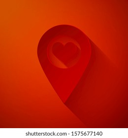 Paper cut Map pointer with heart icon isolated on red background. Paper art style. Vector Illustration