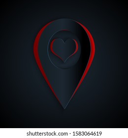 Paper cut Map pointer with heart icon isolated on black background. Paper art style. Vector Illustration