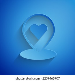 Paper cut Map pointer with heart icon isolated on blue background. Valentines day. Love location. Romantic map pin. Paper art style. Vector