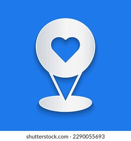 Paper cut Map pointer with heart icon isolated on blue background. Valentines day. Love location. Romantic map pin. Paper art style. Vector