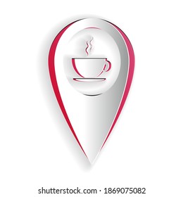 Paper cut Map pointer with hot coffee cup icon isolated on white background. Paper art style. Vector.