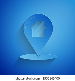 Paper cut Map pointer with house icon isolated on blue background. Home location marker symbol. Paper art style. Vector Illustration