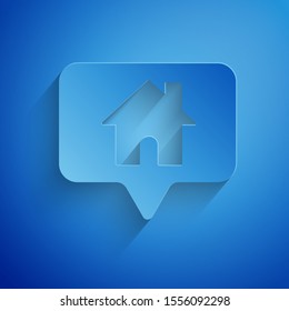 Paper cut Map pointer with house icon isolated on blue background. Home location marker symbol. Paper art style. Vector Illustration