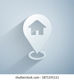 Paper cut Map pointer with house icon isolated on grey background. Home location marker symbol. Paper art style. Vector