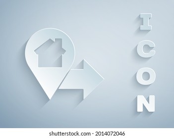 Paper cut Map pointer with house icon isolated on grey background. Home location marker symbol. Paper art style. Vector Illustration