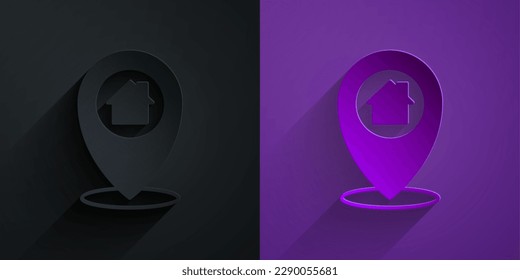 Paper cut Map pointer with house icon isolated on black on purple background. Home location marker symbol. Paper art style. Vector
