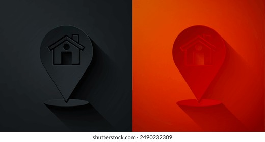 Paper cut Map pointer with house icon isolated on black and red background. Home location marker symbol. Paper art style. Vector