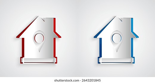 Paper cut Map pointer with house icon isolated on grey background. Home location marker symbol. Paper art style. Vector - Powered by Shutterstock - Get 15% off with code: PIKWIZARD15