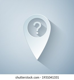 Paper cut Map pointer with Question symbol icon isolated on grey background. Marker location sign. For location maps. Sign for navigation. Index location on map. Paper art style. Vector Illustration