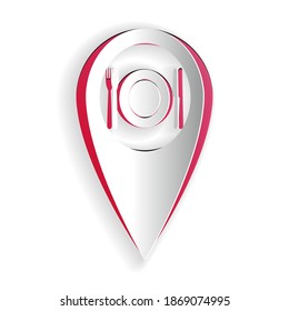 Paper cut Map pointer with restaurant and cutlery, dish, fork, knife icon isolated on white background. Paper art style. Vector.