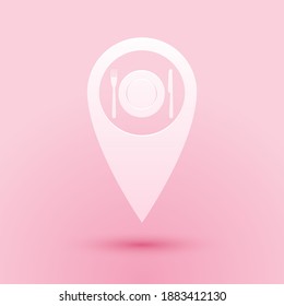 Paper cut Map pointer with restaurant and cutlery, dish, fork, knife icon isolated on pink background. Paper art style. Vector.
