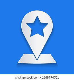 Paper cut Map pointer with star icon isolated on blue background. Star favorite pin map icon. Map markers. Paper art style. Vector Illustration