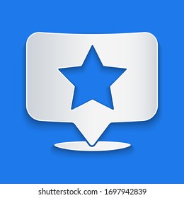 Paper cut Map pointer with star icon isolated on blue background. Star favorite pin map icon. Map markers. Paper art style. Vector Illustration