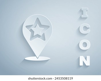 Paper cut Map pointer with star icon isolated on grey background. Star favorite pin map icon. Map markers. Paper art style. Vector