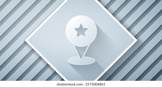 Paper cut Map pointer with star icon isolated on grey background. Star favorite pin map icon. Map markers. Paper art style. Vector