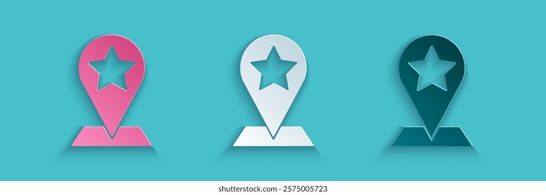 Paper cut Map pointer with star icon isolated on blue background. Star favorite pin map icon. Map markers. Paper art style. Vector Illustration