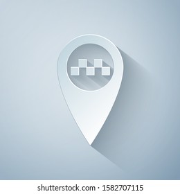 Paper cut Map pointer with taxi icon isolated on grey background. Paper art style. Vector Illustration