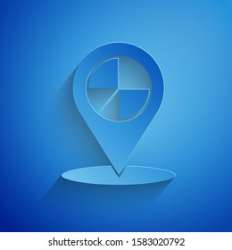 Paper cut Map pointer with taxi icon isolated on blue background. Location symbol. Paper art style. Vector Illustration