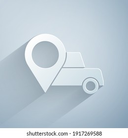 Paper cut Map pointer with taxi icon isolated on grey background. Location symbol. Paper art style. Vector
