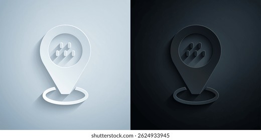 Paper cut Map pointer with taxi car icon isolated on grey and black background. Location symbol. Paper art style. Vector