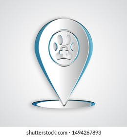 Paper cut Map pointer with veterinary medicine hospital, clinic or pet shop for animals icon isolated on grey background. Vet or veterinarian clinic. Paper art style. Vector Illustration