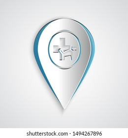 Paper cut Map pointer with veterinary medicine hospital, clinic or pet shop for animals icon isolated on grey background. Vet or veterinarian clinic. Paper art style. Vector Illustration