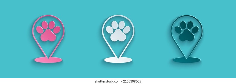 Recorte de papel Puntero del mapa con el ícono de medicina veterinaria, clínica o tienda de mascotas para animales aislados en fondo azul. Clínica veterinaria. Estilo de arte de papel. Vector