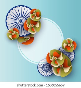 Paper cut Marigold on blue Background in traditional tricolor of Indian flag with 3D Ashoka Wheel. Vector illustration of Happy Republic Day of India background. design with place for your text.