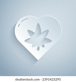 Cortado de papel Hoja de Marihuana en forma de corazón icono aislado en fondo gris. Símbolo de cáñamo. Estilo de arte de papel. Ilustración vectorial