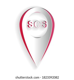 Ubicación del marcador de corte de papel con icono SOS aislado en fondo blanco. Marcador de ubicación de llamada de SOS. Indicador de mapa. Señal de puntería SOS con texto. Estilo de arte de papel. Vector.