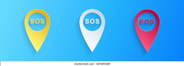Ubicación del marcador de corte de papel con icono SOS aislado en fondo azul. Marcador de ubicación de llamada de SOS. Indicador de mapa. Señal de puntería SOS con texto. Estilo de arte de papel. Vector.