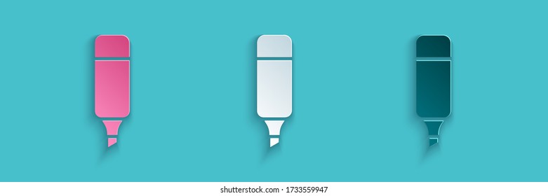 Icono de la pluma de marcador de corte de papel aislado en fondo azul. Estilo de arte de papel. Ilustración vectorial