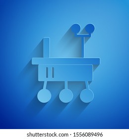 Paper cut Mars rover icon isolated on blue background. Space rover. Moonwalker sign. Apparatus for studying planets surface. Paper art style. Vector Illustration
