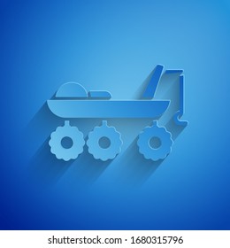 Paper cut Mars rover icon isolated on blue background. Space rover. Moonwalker sign. Apparatus for studying planets surface. Paper art style. Vector Illustration