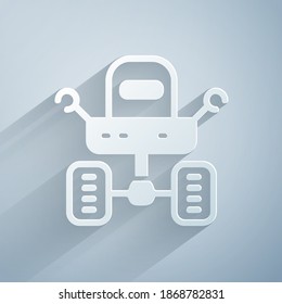 Paper cut Mars rover icon isolated on grey background. Space rover. Moonwalker sign. Apparatus for studying planets surface. Paper art style. Vector