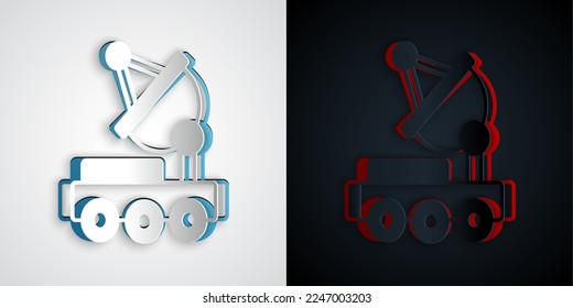 Paper cut Mars rover icon isolated on grey and black background. Space rover. Moonwalker sign. Apparatus for studying planets surface. Paper art style. Vector