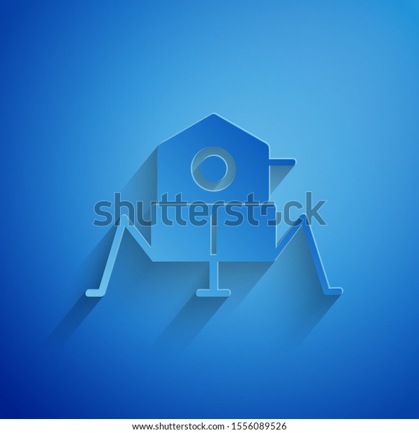 Paper cut Mars rover icon
isolated on blue background. Space rover. Moonwalker sign.
Apparatus for studying planets surface. Paper art style. Vector
Illustration