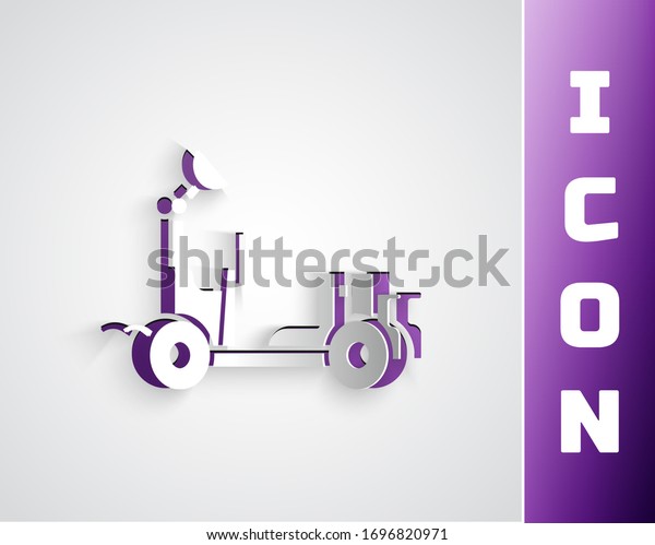 Paper cut Mars rover icon\
isolated on grey background. Space rover. Moonwalker sign.\
Apparatus for studying planets surface. Paper art style. Vector\
Illustration