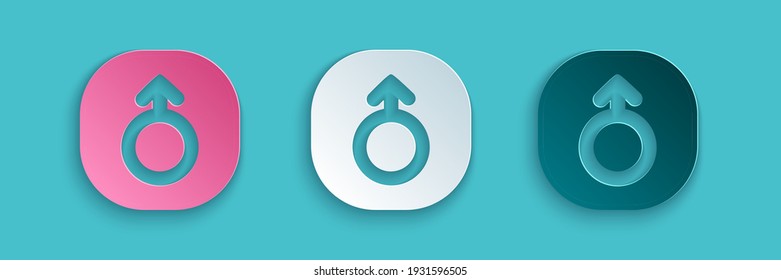 Paper cut Mars symbol icon isolated on blue background. Astrology, numerology, horoscope, astronomy. Paper art style. Vector