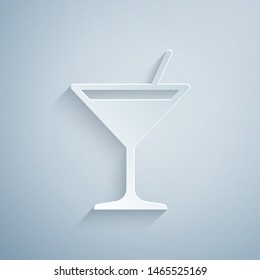 Paper cut Martini glass icon isolated on grey background. Cocktail icon. Wine glass icon. Paper art style. Vector Illustration