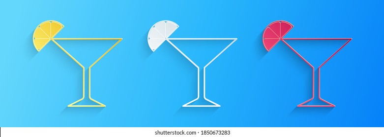 Paper cut Martini glass icon isolated on blue background. Cocktail with lime symbol. Paper art style. Vector.