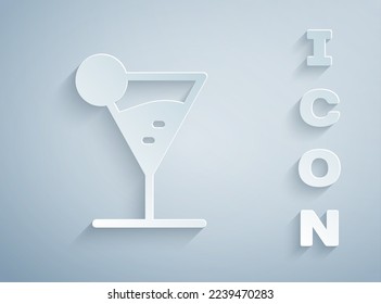 Paper cut Martini glass icon isolated on grey background. Cocktail icon. Wine glass icon. Paper art style. Vector Illustration