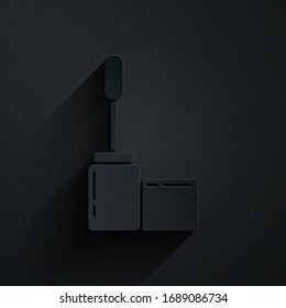 Paper cut Mascara brush icon isolated on black background. Paper art style. Vector Illustration